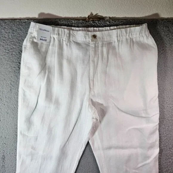 $89 NWT Caribbean Roundtree & Yorke Linen Pants‎ Men 44 x 32 Elastic Waist White
